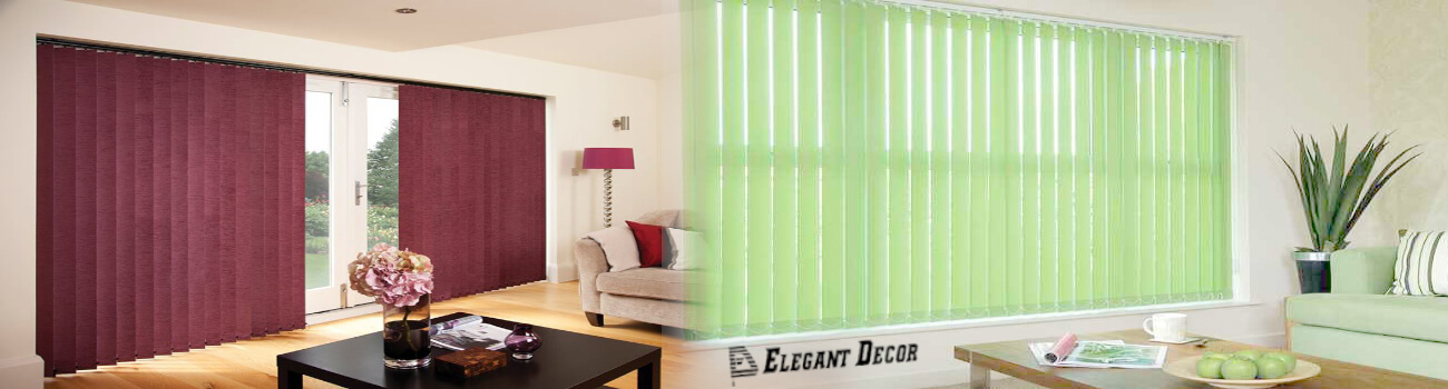 Elegant vertical blinds in a bedroom setting Elegant vertical blinds in a bedroom setting